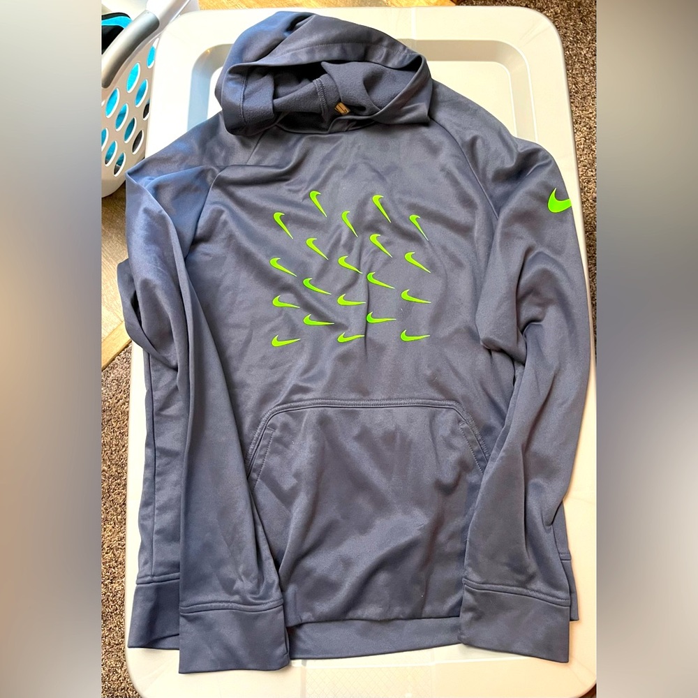 Youth XL gray and neon green Nike Dri-fit hoodie.